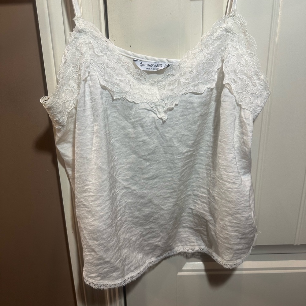 Stradivarius White Lace Camisole Top